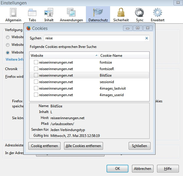 Die Informationen des Cookies BildSize